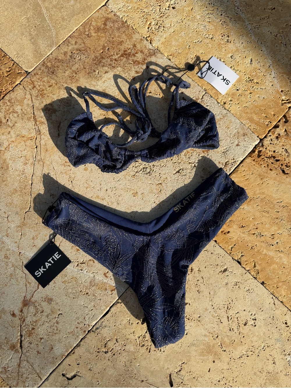 Skatie Navy and Gold Detailed Bikini Set - Top S / Bottom M